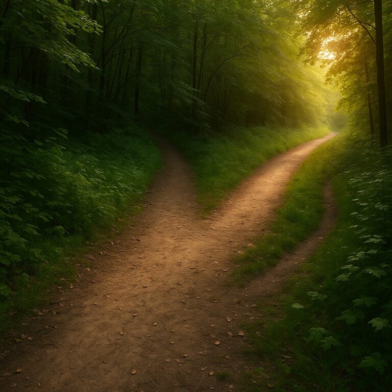 Forked forest path symbolizing career change and professional resilience, with one path leading into darkness and the other into light.