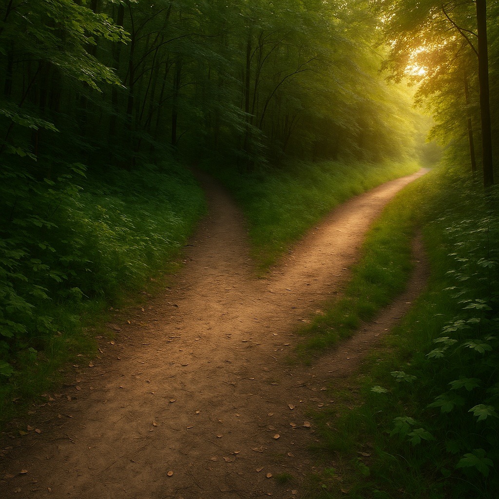Photograph illustrating the concept of professional resilience from the article When the Scenery Changes: Reinventing Yourself Without Losing Yourself. The image shows a forest trail splitting into two paths: one shaded and uncertain, the other bright and full of possibilities — representing the moment a professional must choose a new direction.