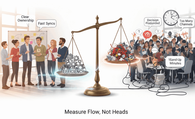 Illustration showing the contrast between small efficient Agile teams and oversized noisy teams, with a scale balancing flow and overhead.